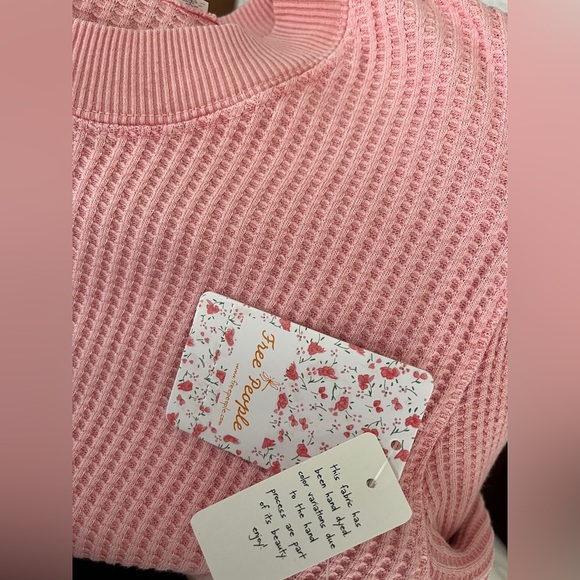 NWT Free People Tasha One Top Pink Waffle Knit Laceup Long Puff Sleeves SZ:M-L - Picture 12 of 13